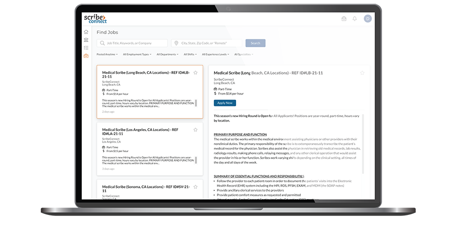 ScribeConnect medical scribe training platform for healthcare organizations on a laptop